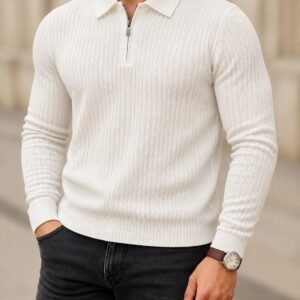 Textured Knit Zip-Neck Long Sleeve Polo