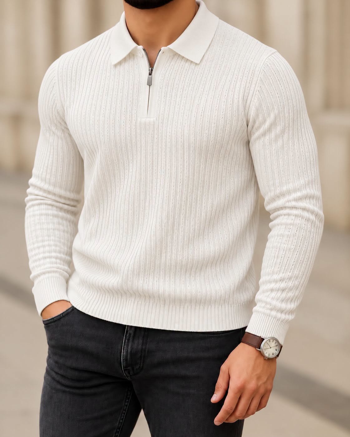 Textured Knit Zip-Neck Long Sleeve Polo