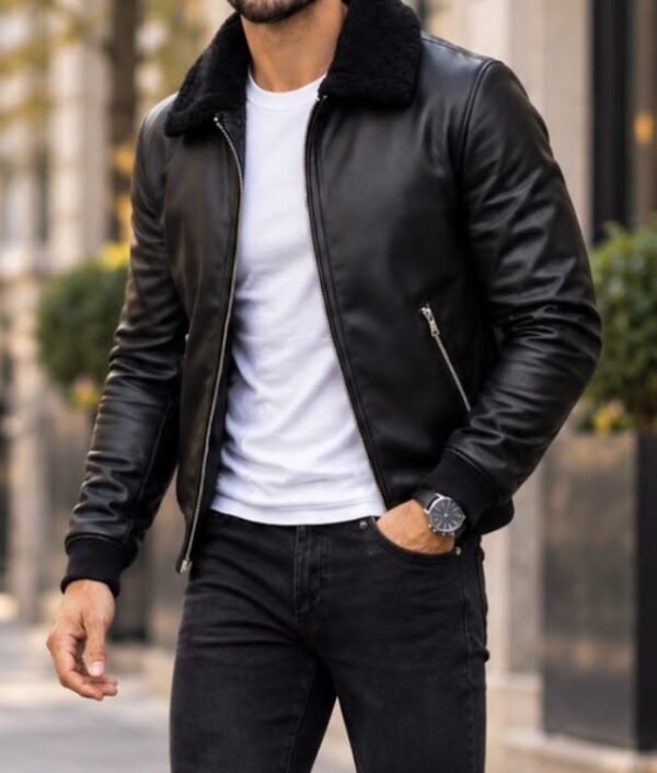 Leather-Look Jacket with Plush Collar