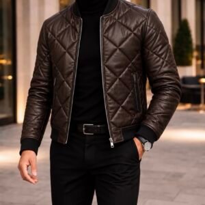 Men’s Diamond-Quilted Bomber Jacket – Dark Chocolate
